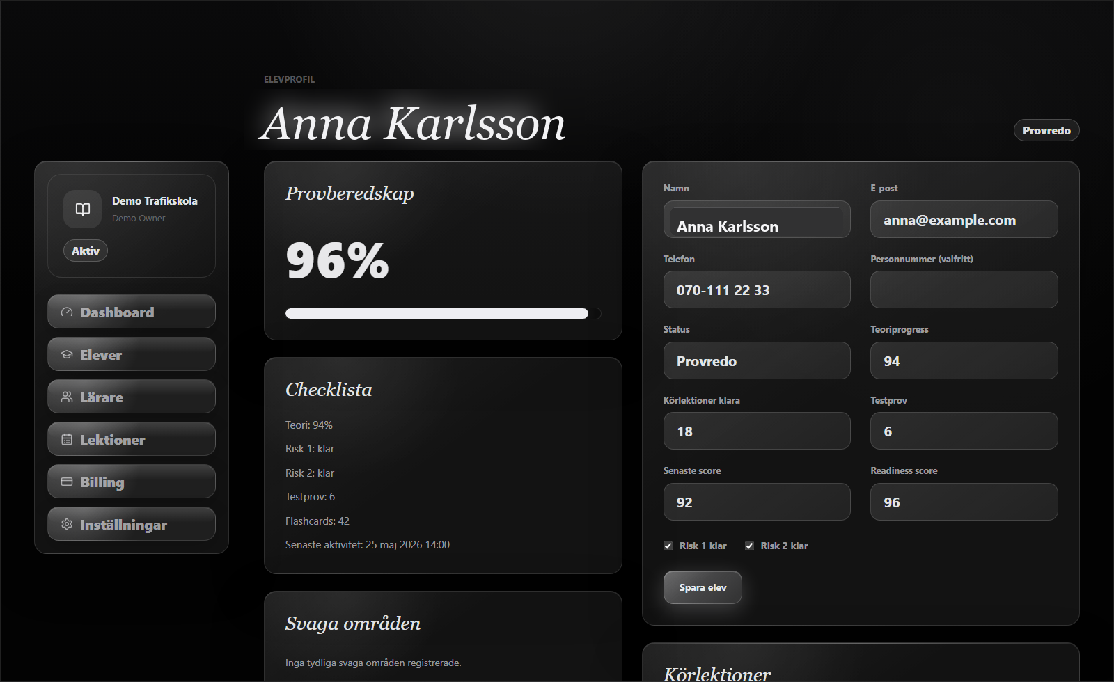 Elevprofil med provberedskap och checklista