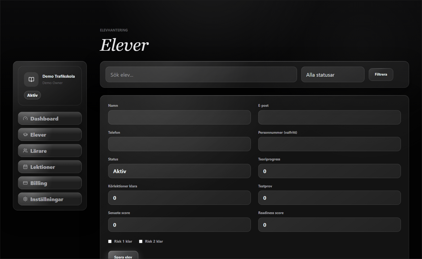 Elevhantering med filter och elevformulär i dashboarden
