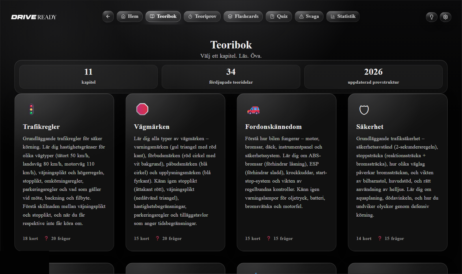 Teoriboken med kapitel och progress