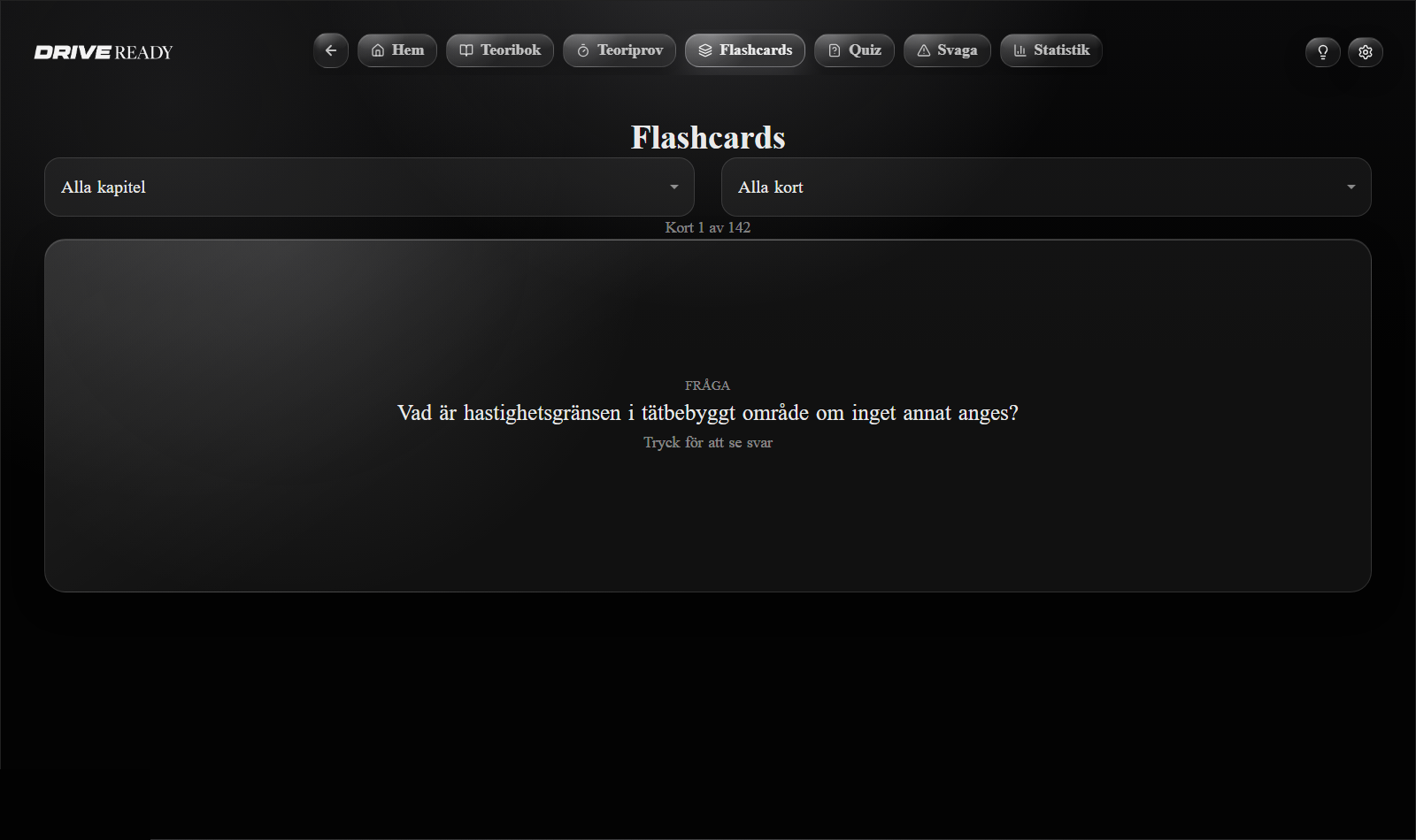 Flashcards-vy med en fråga i taget